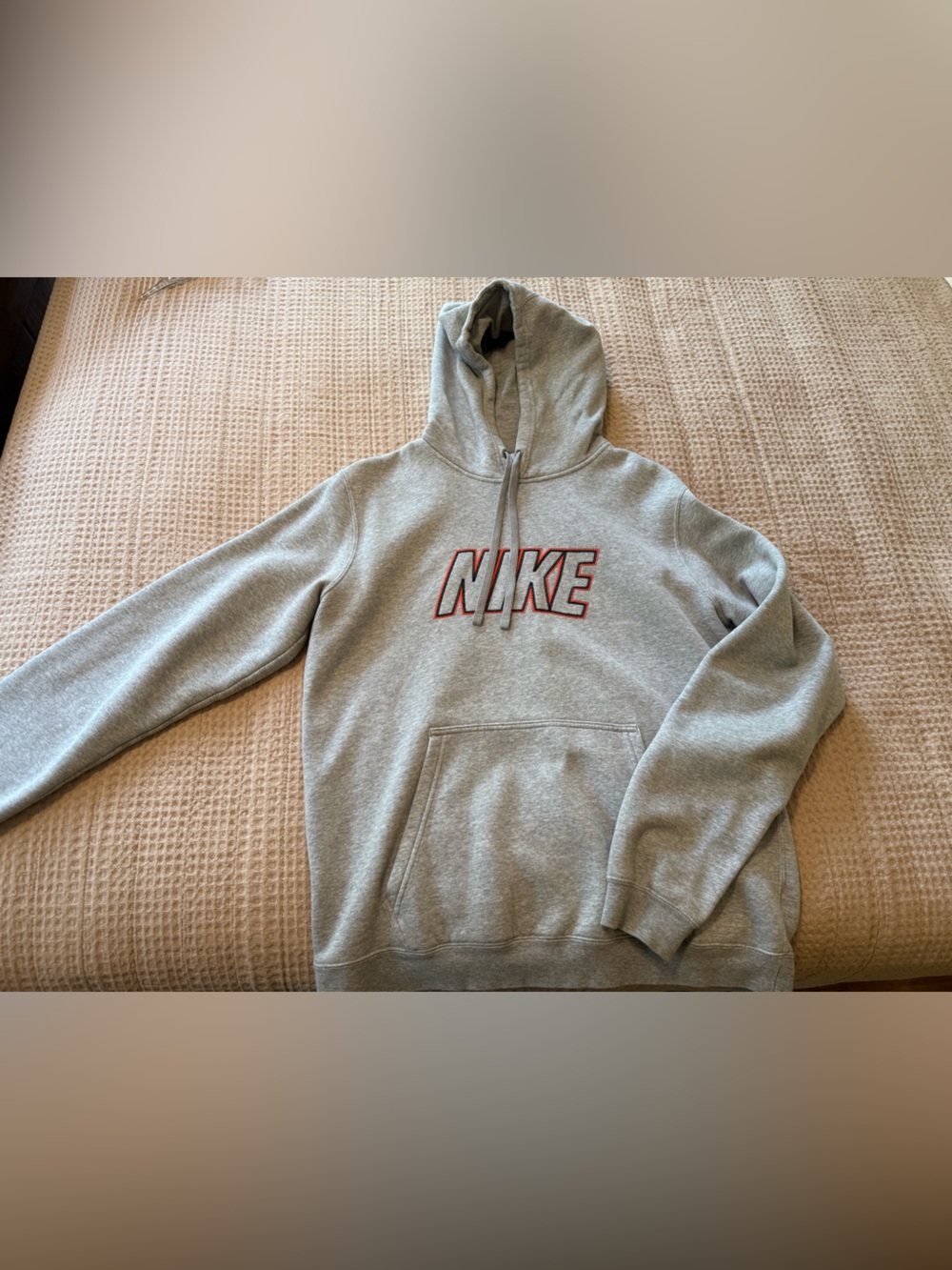 Nike Gray Hoodie with Red-Outlined NIKE Logo